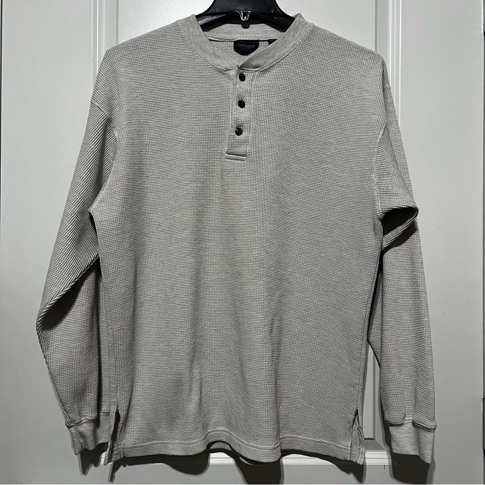 Van Heusen Waffle Knit Long Sleeve Henley Shirt in Oatmeal Taupe